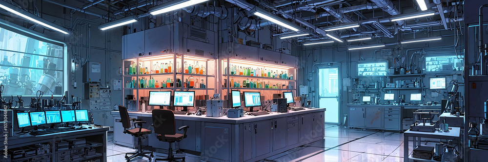 Futuristic anime laboratory filled with gadgets and tech Futuristic anime laboratory filled with gadgets and tech