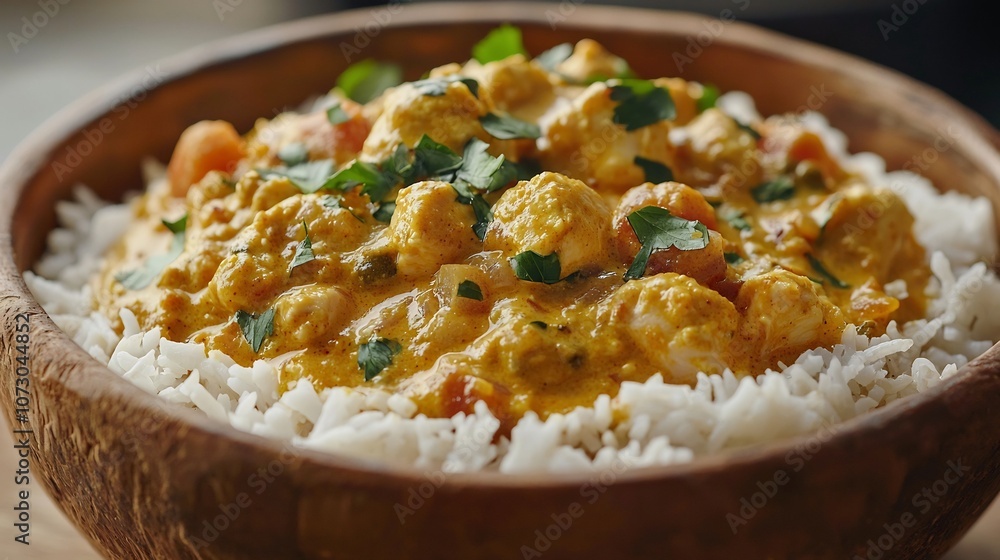 Vibrant Coconut Curry with Aromatic Spices and Tender Protein,Served Over Basmati Rice in Rustic Bowl Vibrant Coconut Curry with Aromatic Spices and Tender Protein,Served Over Basmati Rice in Rustic Bowl