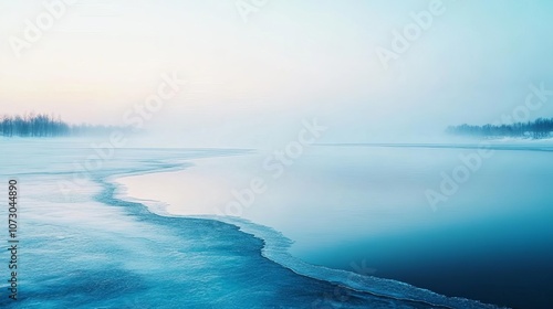 Misty frozen lake with blue ambient light, cold fog hovering, tranquil winter scene