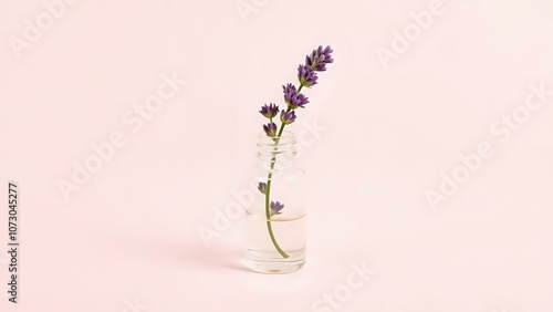 Lavender Sprig in Glass Vial on Pastel Background Representing Natural Aromatherapy in Skincare