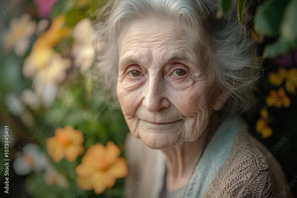 A serene elderly woman with gentle features smiles softly among vibrant flowers. This portrait captures warmth, wisdom, and beauty. A perfect piece for reflection. Generative AI A serene elderly woman with gentle features smiles softly among vibrant flowers. This portrait captures warmth, wisdom, and beauty. A perfect piece for reflection. Generative AI