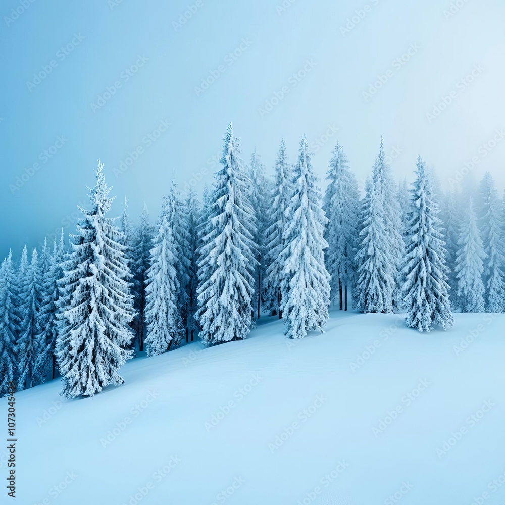 Fototapeta premium Misty winter morning with ambient blue light, snow-covered trees, cold and tranquil scene
