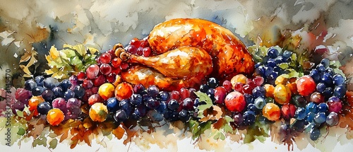 A vibrant watercolor painting featuring a roasted turkey surrounded by an array of colorful fruits and grapes, set against a soft, artistic background. photo