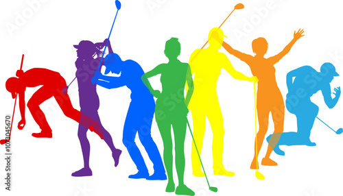 Silhouette golf player set. Active golfers golfing sports people healthy players fitness silhouettes concept.