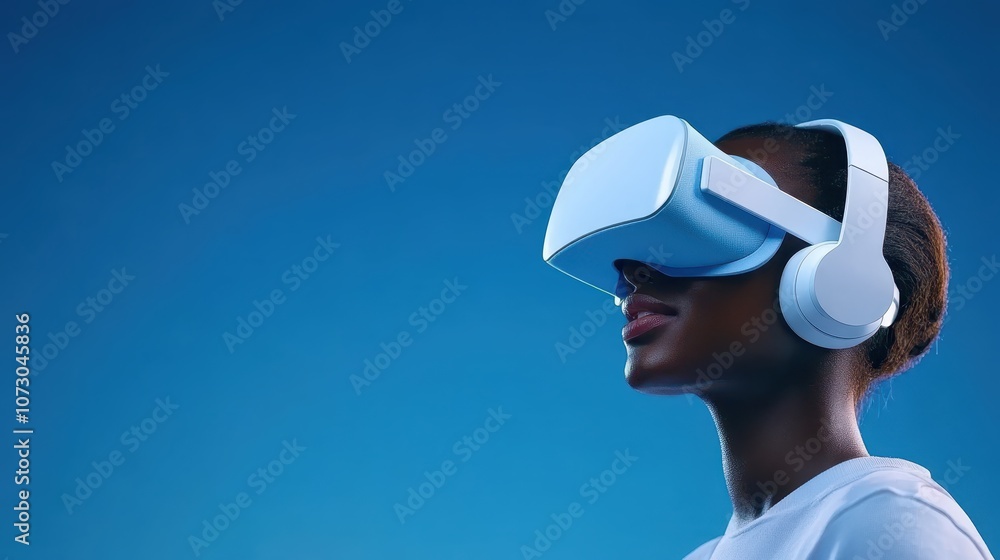 Woman immersed in virtual reality, exploring the metaverse with advanced vr headset technology Woman immersed in virtual reality, exploring the metaverse with advanced vr headset technology