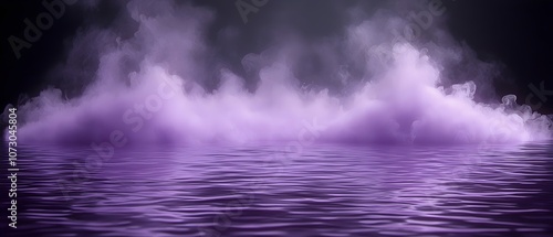 A mystical scene featuring a swirling cloud of purple mist rising from a tranquil water surface, creating an ethereal atmosphere. The interplay of colors adds depth and intrigue.