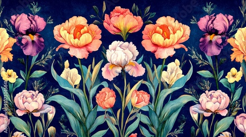 A vibrant and colorful floral pattern featuring a variety of blooming flowers. This artwork showcases intricate details and rich colors against a dark background. 