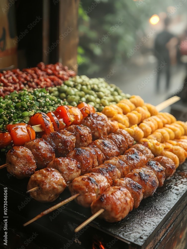 Delicious Street Food Skewers: A vibrant close-up shot of sizzling grilled skewers laden with succulent meats, colorful vegetables, and golden-brown meatballs. Delicious Street Food Skewers: A vibrant close-up shot of sizzling grilled skewers laden with succulent meats, colorful vegetables, and golden-brown meatballs.