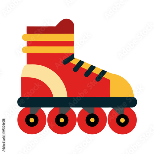 cartoon red rollerblade with yellow accents and four wheels, fun skating 