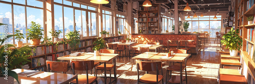 Cozy anime cafe interior with books plants and sunlight