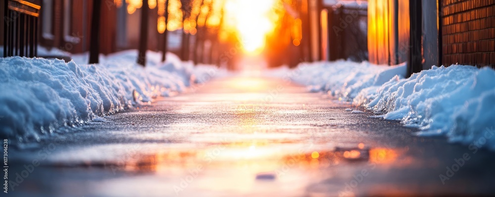 Snow-covered alley at dawn with ambient cold light, icy reflections, quiet urban morning scene Snow-covered alley at dawn with ambient cold light, icy reflections, quiet urban morning scene