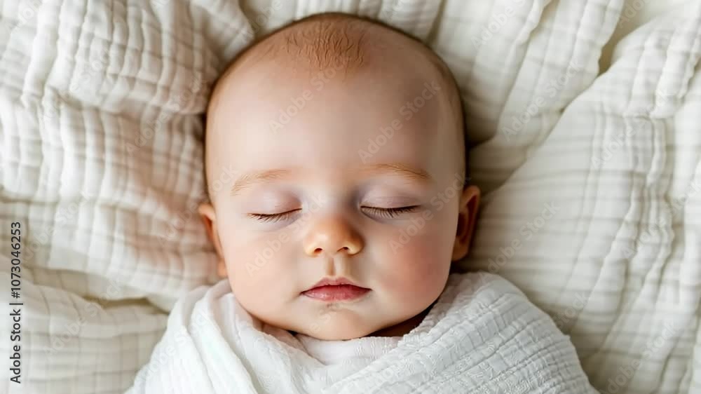 A serene Caucasian baby peacefully sleeping in a white blanket, perfect for Mothers Day or family concepts A serene Caucasian baby peacefully sleeping in a white blanket, perfect for Mothers Day or family concepts