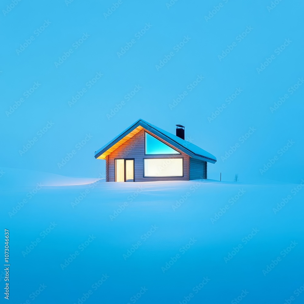Snow-covered cabin illuminated by a pale blue glow, cold ambient lighting, quiet and serene winter night Snow-covered cabin illuminated by a pale blue glow, cold ambient lighting, quiet and serene winter night