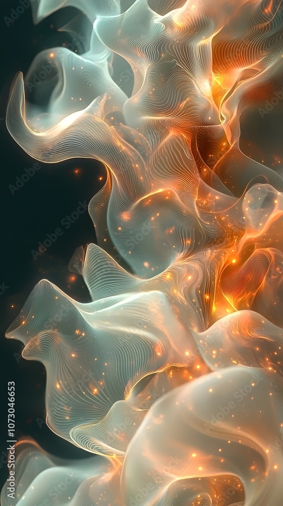 Obraz premium An abstract swirl of translucent waves in soft white and vibrant orange, creating a dynamic flow that evokes a sense of movement and energy.