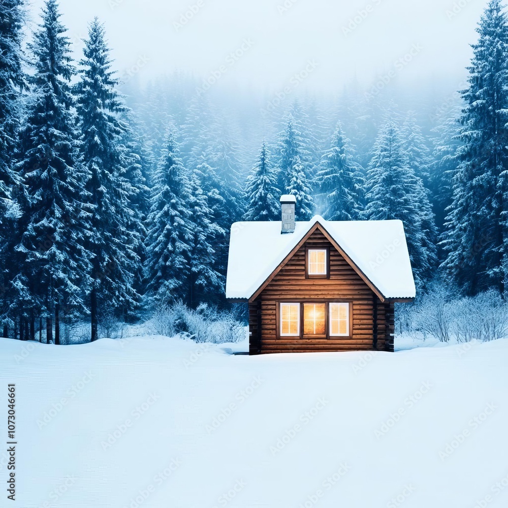 Snow-covered cabin in the forest with a cold ambient glow, mist rising, tranquil winter night Snow-covered cabin in the forest with a cold ambient glow, mist rising, tranquil winter night