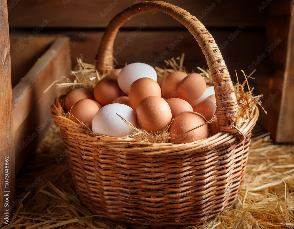 Una cesta de mimbre llena de huevos ecologicos en el suelo de un gallinero al amanecer Una cesta de mimbre llena de huevos ecologicos en el suelo de un gallinero al amanecer