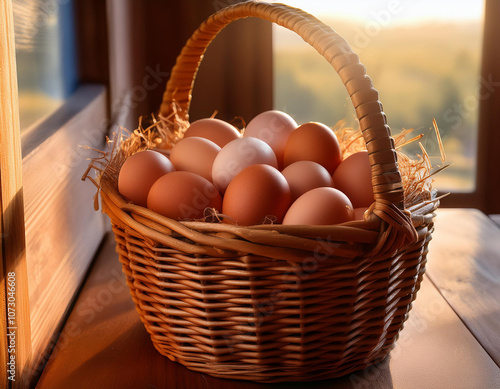 Una cesta de mimbre llena de huevos ecologicos en el suelo de un gallinero al amanecer photo