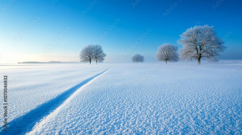 Snow-covered field with a cold blue ambient glow, mist rising, serene winter morning scene Snow-covered field with a cold blue ambient glow, mist rising, serene winter morning scene