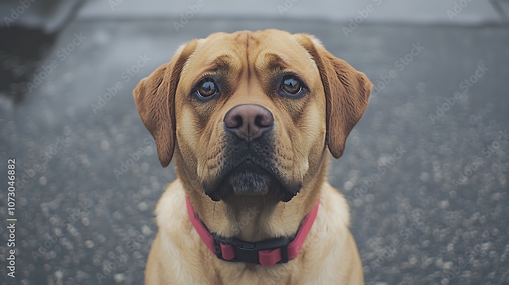 Loving golden labrador dog looks thoughtful and ready for adventure outdoors Loving golden labrador dog looks thoughtful and ready for adventure outdoors