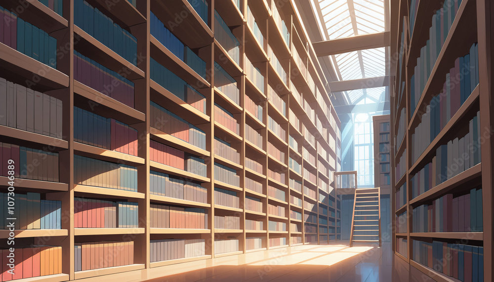 An anime library filled with tall shelves, ladders, and rays of light streaming through the window.AI GENERATED An anime library filled with tall shelves, ladders, and rays of light streaming through the window.AI GENERATED