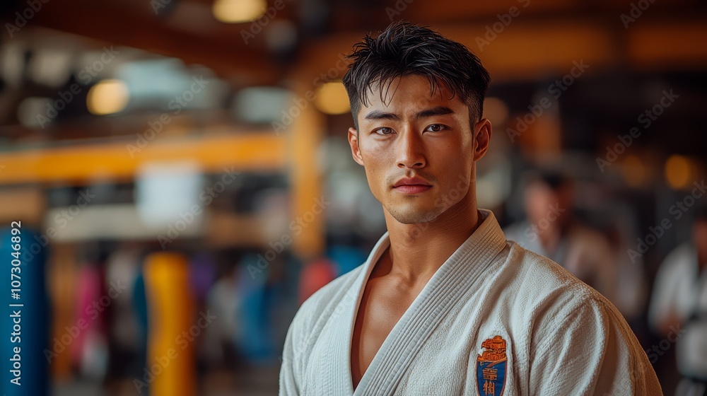 Obraz premium Focused and intense, a young Asian martial artist stares directly at the camera, exuding strength and determination in his crisp white uniform.