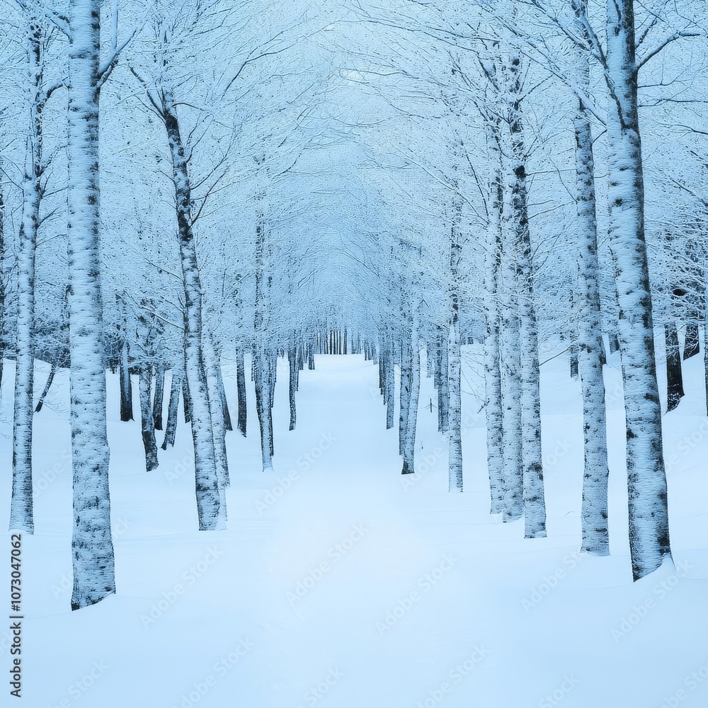 Snow-covered forest with pale blue lighting, ambient cold atmosphere, quiet and serene scene Snow-covered forest with pale blue lighting, ambient cold atmosphere, quiet and serene scene