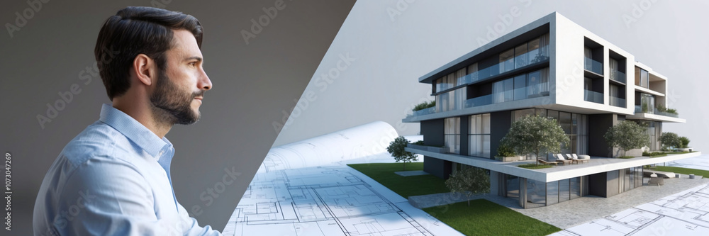 Architect's profile blended with 3D models and blueprints in double exposure Architect's profile blended with 3D models and blueprints in double exposure