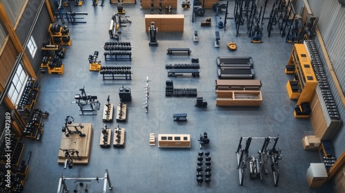 Bird's eye view of the fitness equipment manufacturing process, showing equipment assembly for free weights, stationary bikes, and gym accessories in organized stations. photo