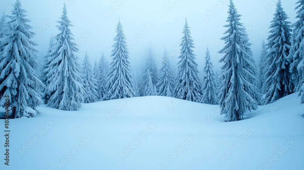 Snow-covered pine forest with pale blue ambient light, mist rising between trees, tranquil and cold atmosphere Snow-covered pine forest with pale blue ambient light, mist rising between trees, tranquil and cold atmosphere