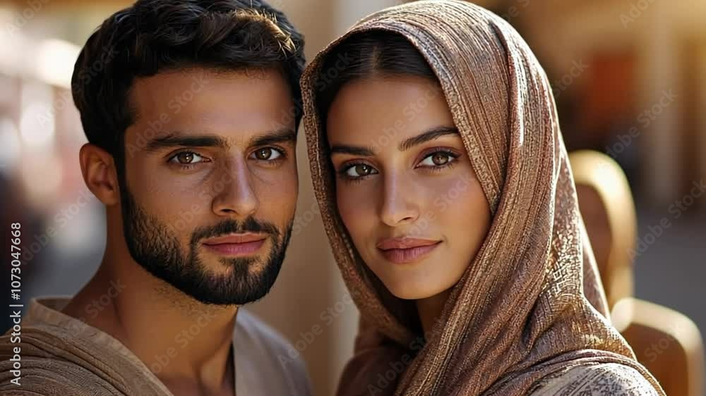 A Middle Eastern man and woman in traditional attire, symbolizing cultural heritage and Eid celebrations A Middle Eastern man and woman in traditional attire, symbolizing cultural heritage and Eid celebrations