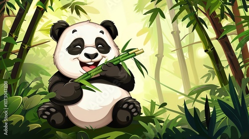 A cartoon panda happily eating bamboo in a lush green bamboo forest.