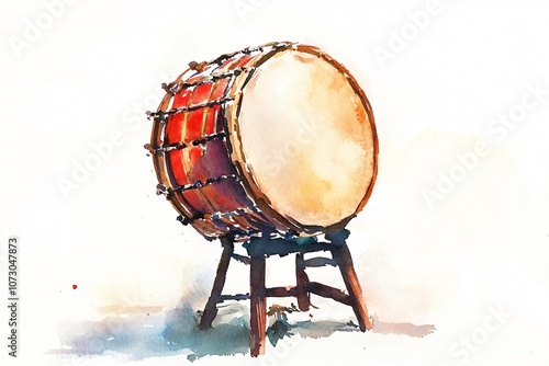 Traditional Chinese Drum in Minimalist Watercolor Style
