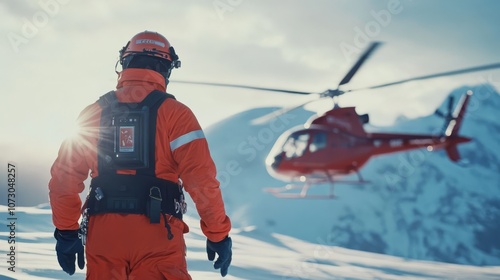 A rescue worker in bright orange gear approaches a helicopter on a snowy mountain, capturing the intensity and urgency of mountain rescue operations photo