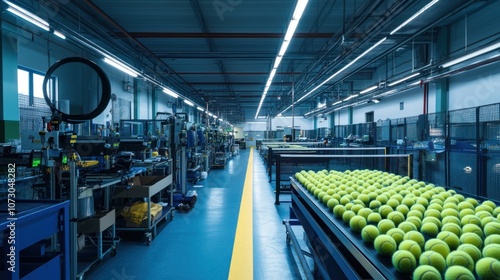 Expansive factory panorama, showing the production line for sports equipment, with a focus on equipment like tennis balls, rackets, and training gear in an organized layout. photo