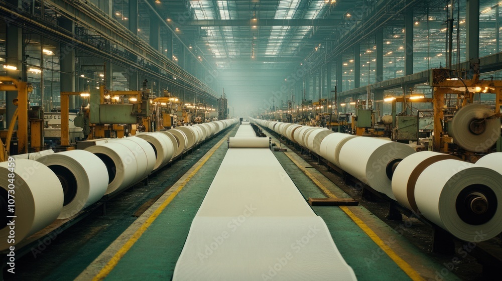 Expansive factory view of the paper production line, capturing pulping, pressing, drying, and rolling equipment working simultaneously on various paper batches. Expansive factory view of the paper production line, capturing pulping, pressing, drying, and rolling equipment working simultaneously on various paper batches.