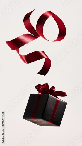 a shiny premium present box wrapped in black paper, with red ribbon floating in the air isolated on white photo