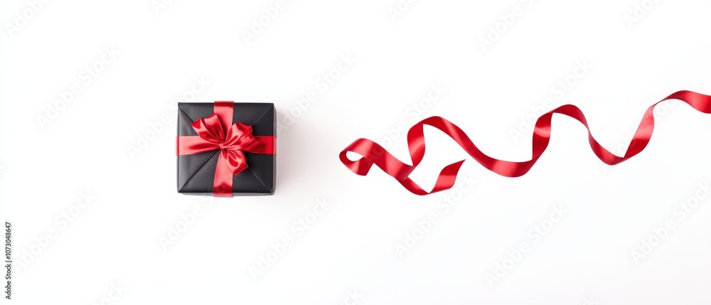 a shiny premium present box wrapped in black paper, with red ribbon floating in the air isolated on white a shiny premium present box wrapped in black paper, with red ribbon floating in the air isolated on white