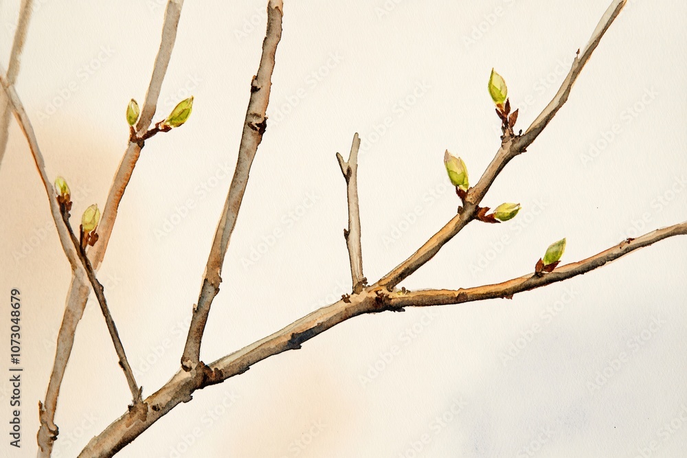 Fototapeta premium Minimalist Watercolor of Bare Branches with New Buds