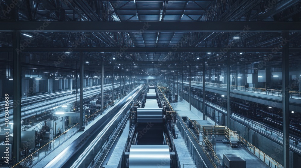 Expansive interior view of a roofing factory, top-level production line carrying metal roofing sheets through a rolling and coating process. Expansive interior view of a roofing factory, top-level production line carrying metal roofing sheets through a rolling and coating process.