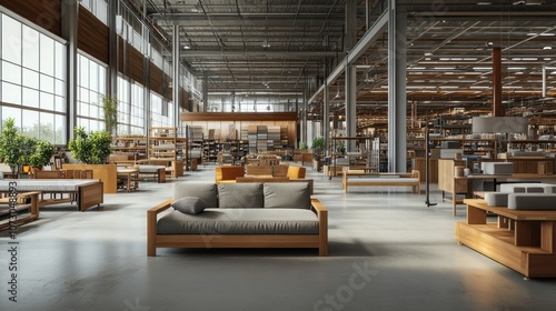 Expansive panorama capturing the furniture production line, featuring wood preparation, assembly stations, and detailed upholstery sections for chairs and sofas.