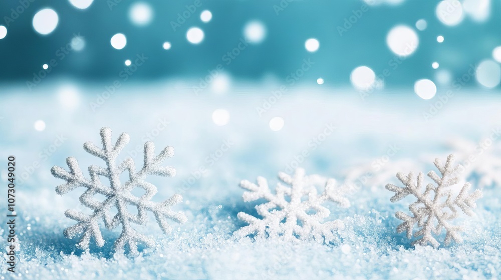 Snowflakes gently falling in soft blue ambient light, cold and serene winter atmosphere Snowflakes gently falling in soft blue ambient light, cold and serene winter atmosphere