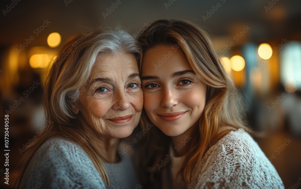 A tender moment captured: An elderly woman and her young daughter share a loving embrace, their smiles reflecting years of shared joy and unwavering bond. A tender moment captured: An elderly woman and her young daughter share a loving embrace, their smiles reflecting years of shared joy and unwavering bond.