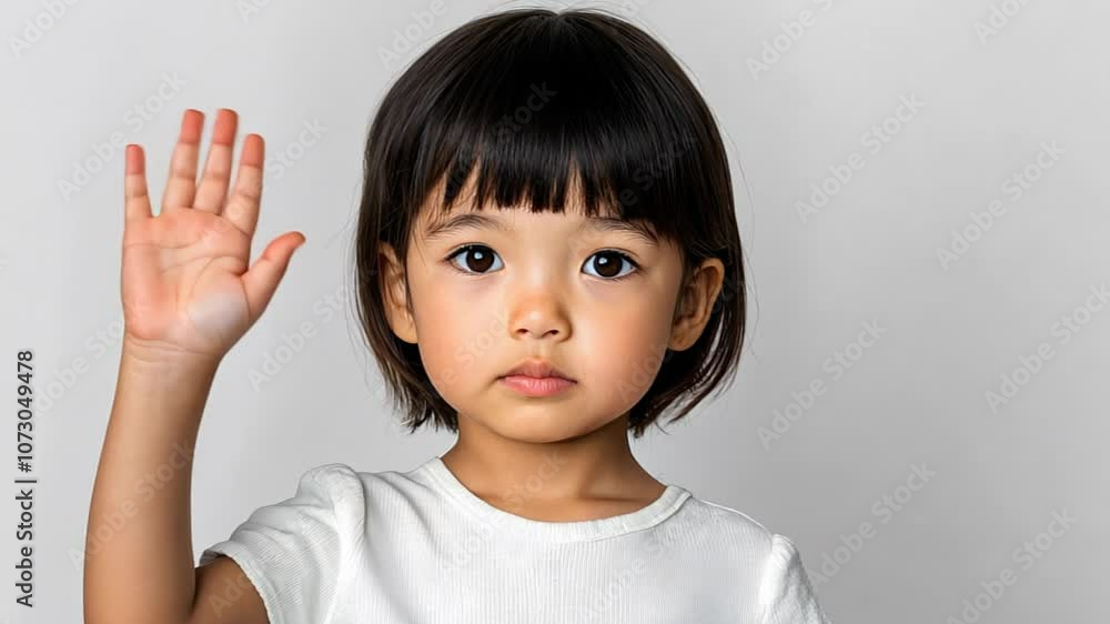 Asian girl waving in a white shirt, symbolizing communication and Children's Day themes Asian girl waving in a white shirt, symbolizing communication and Children's Day themes