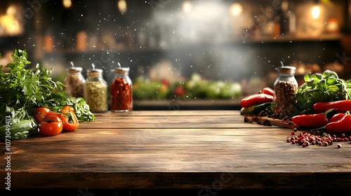 Wooden Table with Spices and Vegetables Background photo