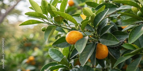 Closeup of a Calamondin Tree Showcasing Ripe Calamondin Fruits Surrounded by Lush Green Leaves in a Beautiful Double Exposure Photography Style