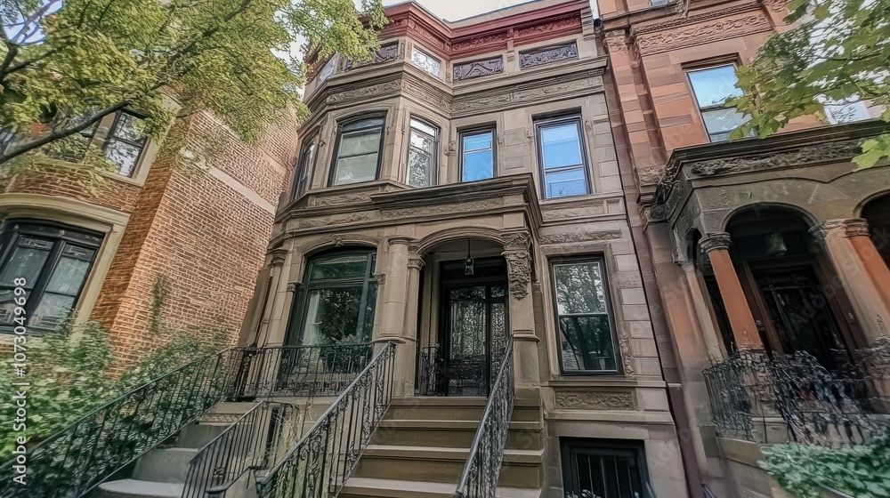 Fototapeta premium A grand, stone-fronted, Victorian home with ornate detailing, a black door, and a wrought-iron staircase leading up to the entrance.