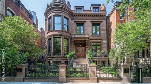 A grand, three-story brick townhouse with a black door, steps, and an ornate iron fence.