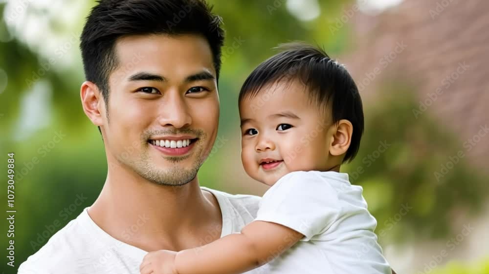 Asian father and son smiling outdoors, representing family bonding and Fathers Day celebrations Asian father and son smiling outdoors, representing family bonding and Fathers Day celebrations