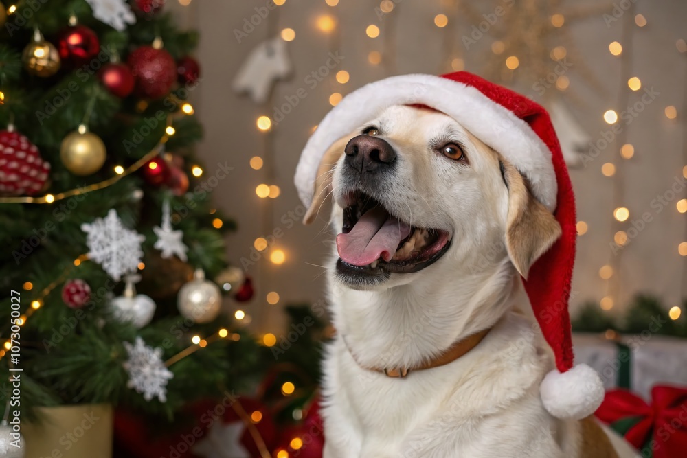 Closeup of a Happy Dog in a Santa Hat Surrounded by Festive Christmas Decorations, Perfect for Holiday Celebrations and Pet Lovers Closeup of a Happy Dog in a Santa Hat Surrounded by Festive Christmas Decorations, Perfect for Holiday Celebrations and Pet Lovers