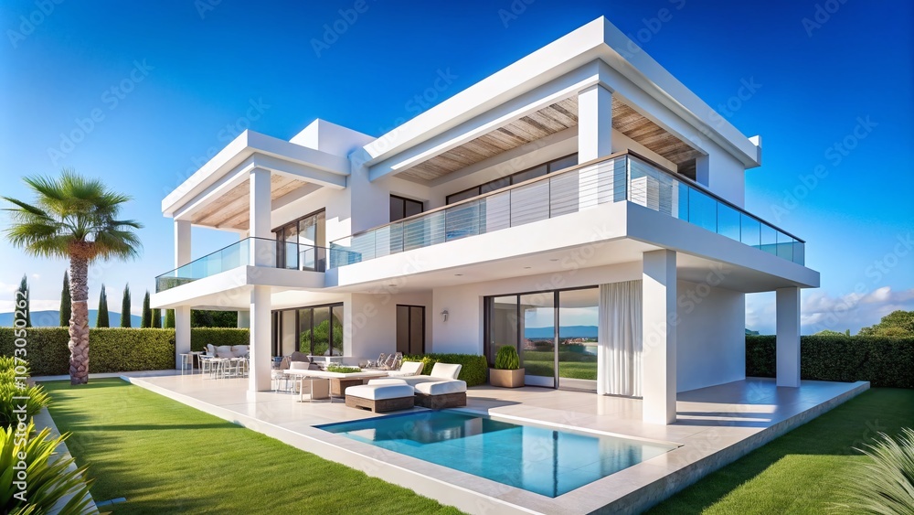 Close-Up of a Luxurious White Villa Featuring a Balcony Terrace Against a Clear Blue Sky, Showcasing Minimalist Architecture for Elegant Real Estate Imagery Close-Up of a Luxurious White Villa Featuring a Balcony Terrace Against a Clear Blue Sky, Showcasing Minimalist Architecture for Elegant Real Estate Imagery